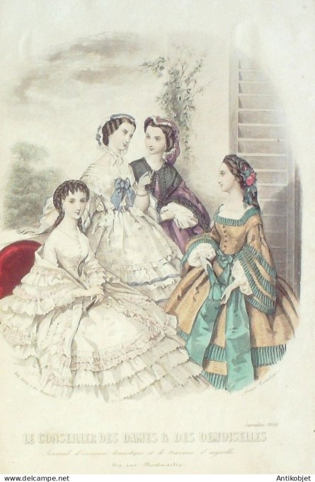 Gravure Mode Conseiller des Dames 1860 #  9 (aquarellee Old Fashion plate)