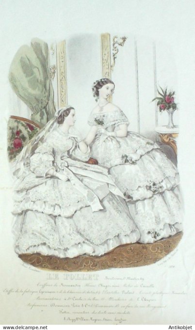 Gravure Mode Le Follet 1860 # 2170 (aquarelle Old Fashion plate)