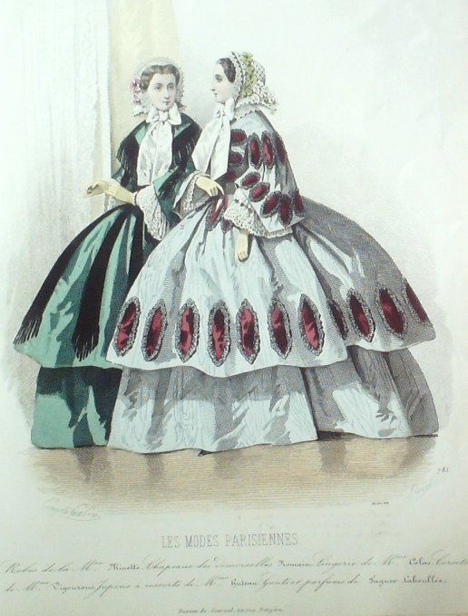 Gravure Les Modes Parisiennes 1858 # 785 Robes d'intérieur Maison Minette