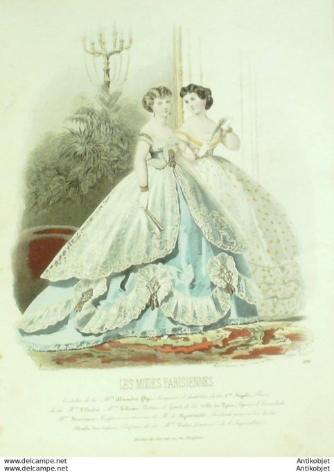 Gravure Les Modes Parisiennes 1865 #1196 Robes satin Maison Ghys