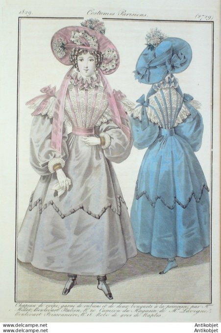 Gravure de mode Costume Parisien 1829 n°2729 Robe gros de Naples  chapeau de crêpe