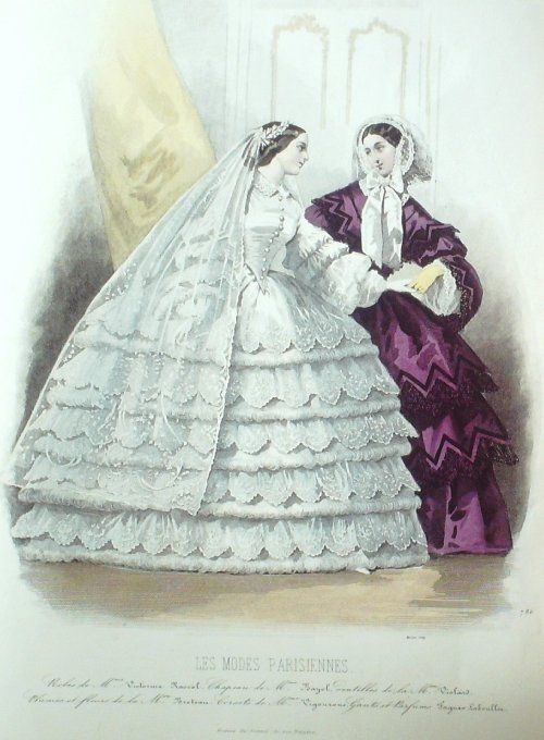 Gravure Les Modes Parisiennes 1858 # 786 Robes de Mariée Maison Rascal