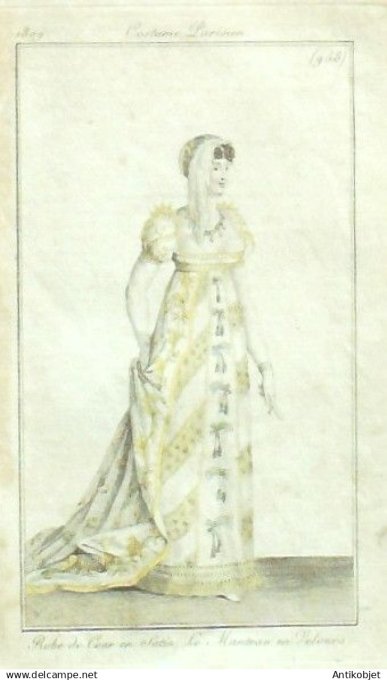 Costume Parisien 1809 # 958 (eau forte) Robe de cour en satin