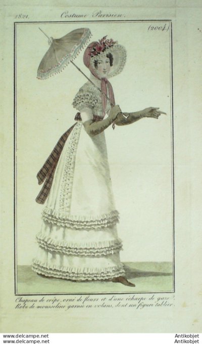 Gravure de mode Costume Parisien 1821 n°2004 Robe mousseline garnie en volants