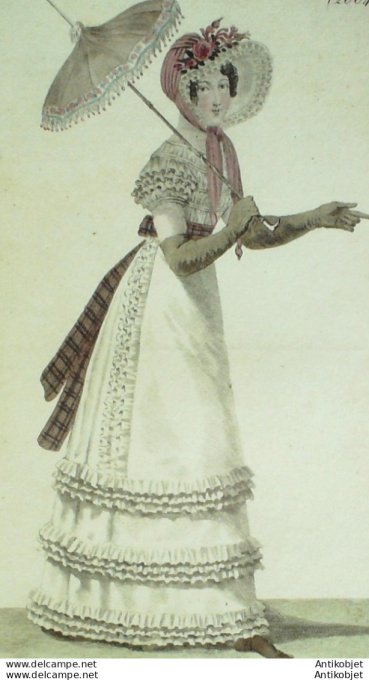 Gravure de mode Costume Parisien 1821 n°2004 Robe mousseline garnie en volants
