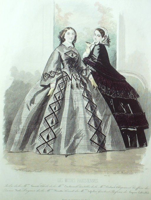 Gravure Les Modes Parisiennes 1858 # 787 Robes de promenade Maison Fauvet