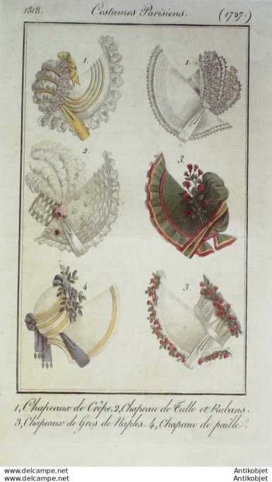 Costume Parisien 1818 # 1727 Chapeaux de crêpe tulle rubans