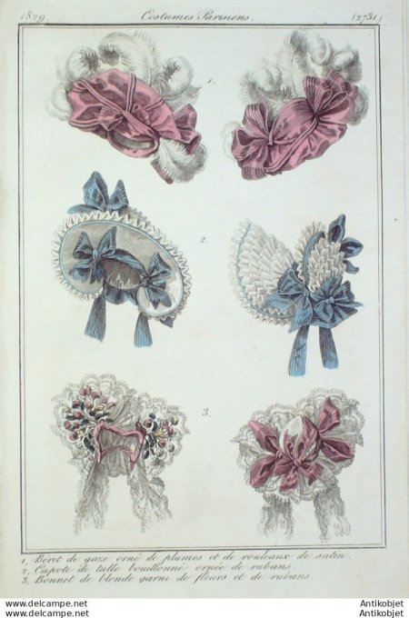 Costume Parisien 1829 # 2731 Béret de gaze caporte et bonnet