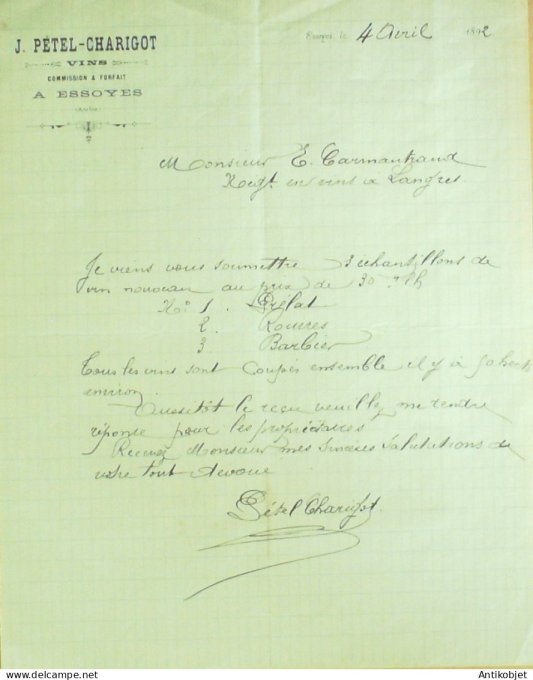 Lettre Ciale J.Pétel-Charicot (Vins) 1892 à Essoyes (10)