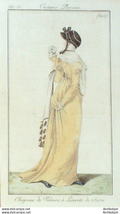 Gravure de mode Costume Parisien 1805 n° 615 (An 13) Chapeau velours à liserets