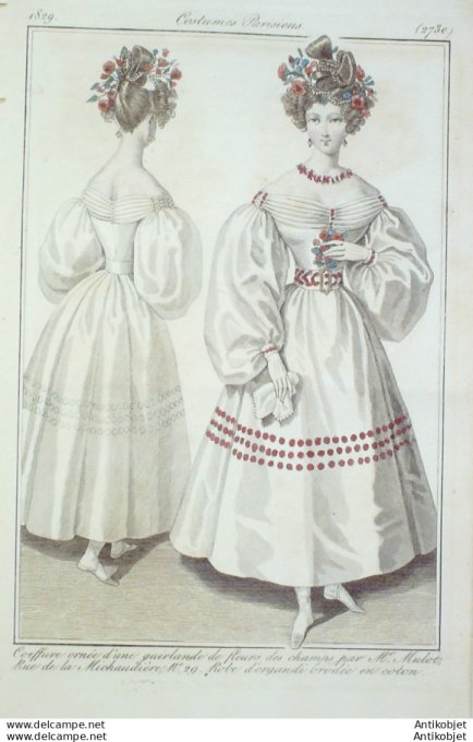Gravure de mode Costume Parisien 1829 n°2730 Robe d'organdi brodée en coton