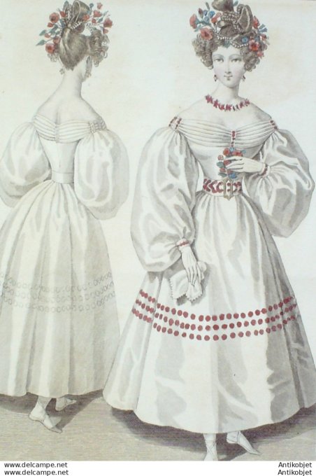 Gravure de mode Costume Parisien 1829 n°2730 Robe d'organdi brodée en coton