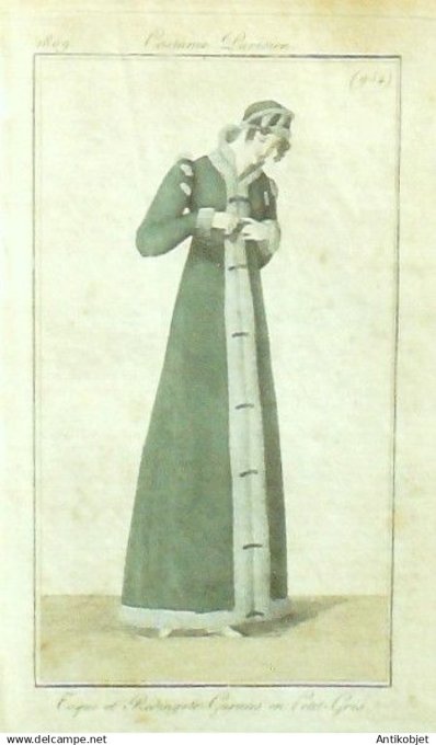 Costume Parisien 1809 # 954 (eau forte) Redingote & toque garnies
