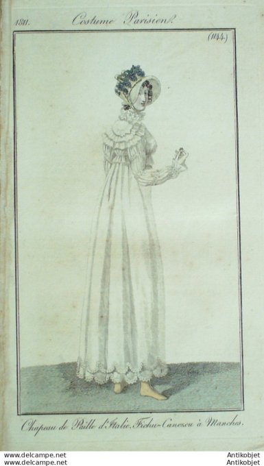 Gravure de mode Costume Parisien 1811 n°1144 Fichu Canezou à manches