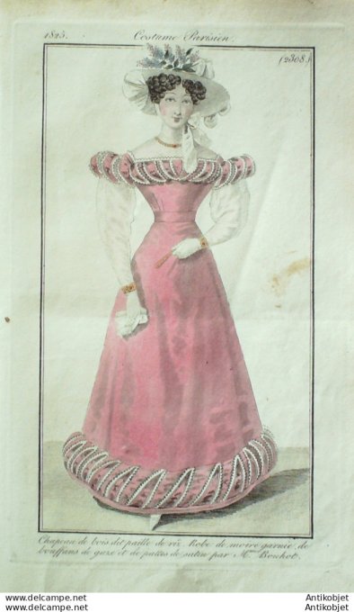 Gravure de mode Costume Parisien 1825 n°2308 Robe de moire garnie de gaze