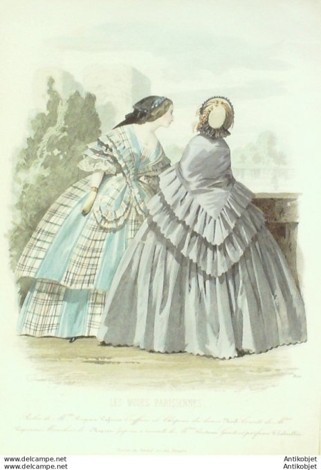 Gravure Les Modes Parisiennes 1858 # 800 Robes madras Maison Vasseur