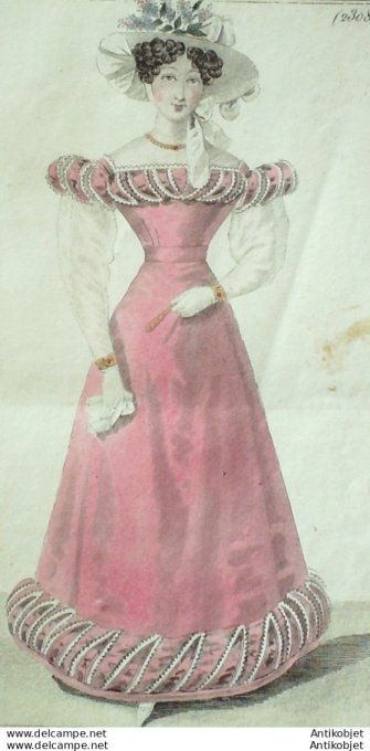 Gravure de mode Costume Parisien 1825 n°2308 Robe de moire garnie de gaze