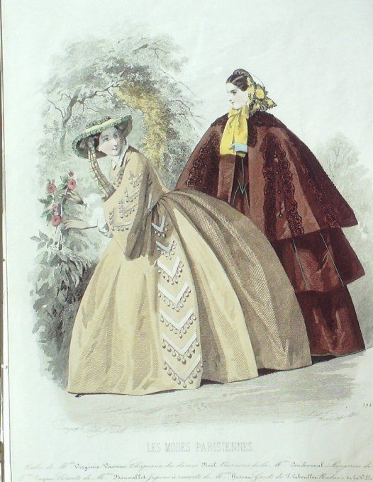 Gravure Les Modes Parisiennes 1858 # 794 Robes en gros de Naples Maison Vasseur