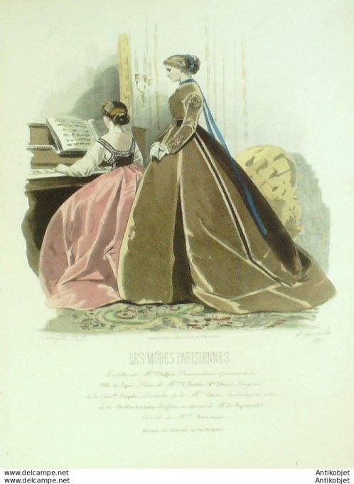 Gravure Les Modes Parisiennes 1865 #1197 Robes gros d'Italie Maison Pieffort