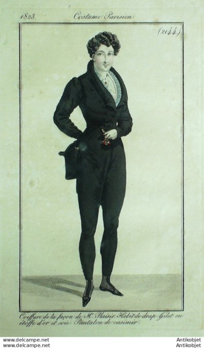 Gravure de mode Costume Parisien 1823 n°2144 Habit de drap homme gilet en étoffe