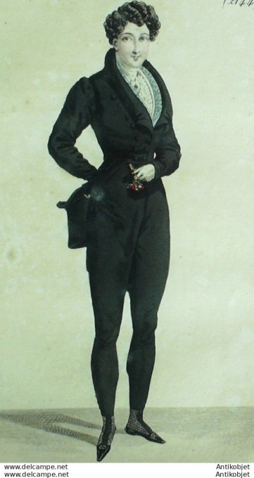 Gravure de mode Costume Parisien 1823 n°2144 Habit de drap homme gilet en étoffe