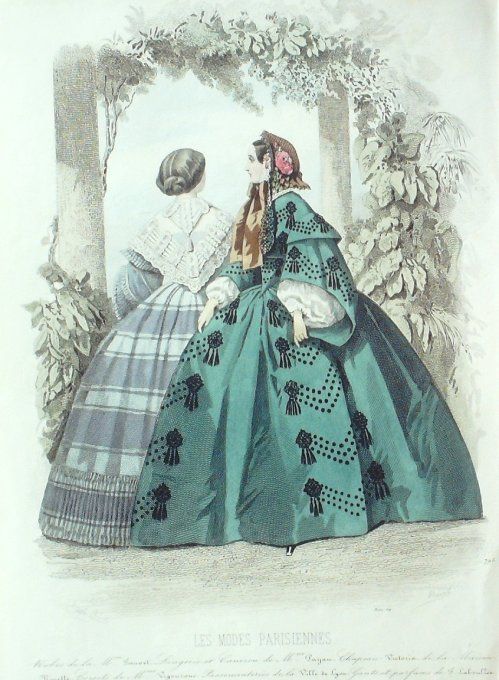 Gravure Les Modes Parisiennes 1858 # 795 Robes de promenade Maison Fauvet