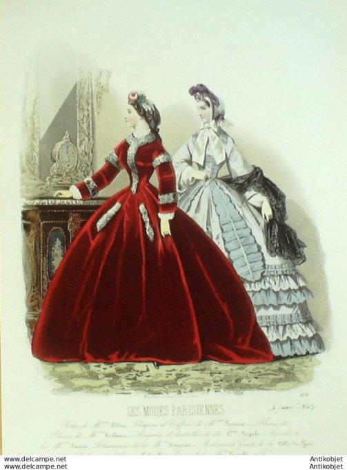 Gravure Les Modes Parisiennes 1863 #1036 Robes velours Maison Blum