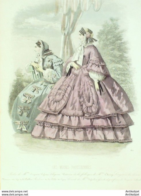 Gravure Les Modes Parisiennes 1858 # 801 Robes de promenade Maison Vasseur