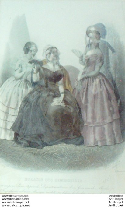 Gravure Mode Magasin Demoiselles 1845 # 11 (aquarellee Old Fashion plate)