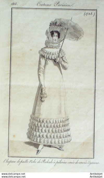 Gravure de mode Costume Parisien 1818 n°1728 Robe perkale à pélerine de crevés