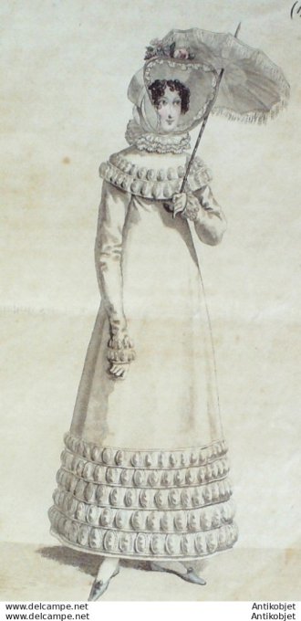 Gravure de mode Costume Parisien 1818 n°1728 Robe perkale à pélerine de crevés