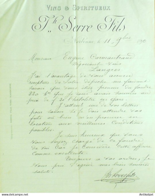Lettre Ciale Th.Serre fils (Vins spiritueux) 1890 Narbonne (66) 2