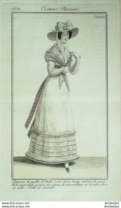 Gravure de mode Costume Parisien 1821 n°2006 Robe perkale et volants mousseline