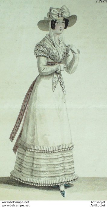 Gravure de mode Costume Parisien 1821 n°2006 Robe perkale et volants mousseline