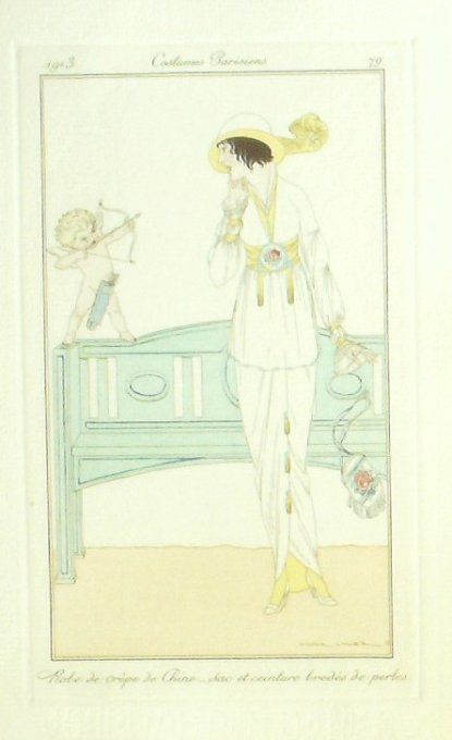 Gravure Costume Parisien 1913 # 79 Lhuer Victor (eau forte) Robe de Crêpe