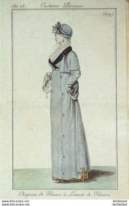 Gravure de mode Costume Parisien 1805 n° 619 (An 13) Chapeau velours à liserets