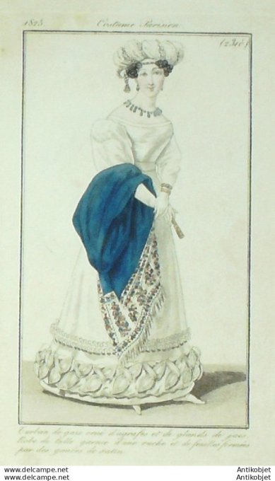 Gravure de mode Costume Parisien 1825 n°2310 Robe tulle & ruches de satin