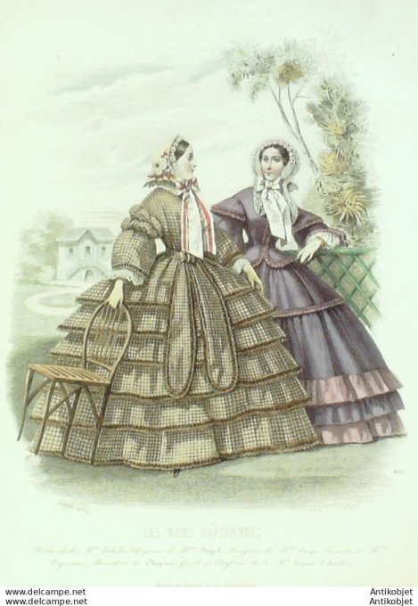 Gravure Les Modes Parisiennes 1858 # 802 Robes gros de Naples Maison Delisle