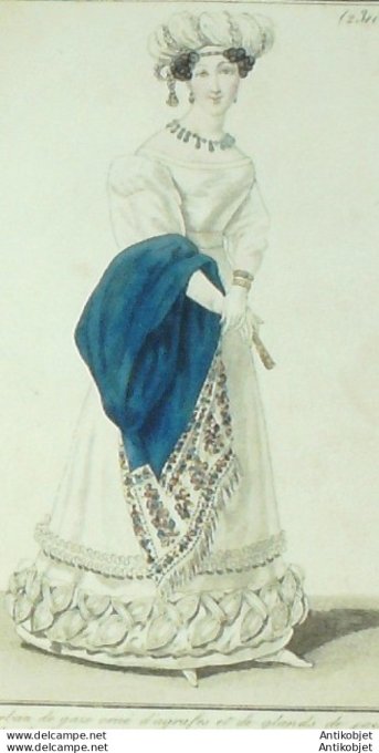 Gravure de mode Costume Parisien 1825 n°2310 Robe tulle & ruches de satin