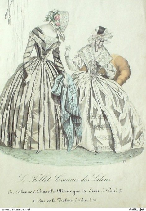 Gravure Mode Le Follet 1839 # 453 (aquarelle Old Fashion plate)