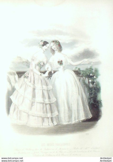 Gravure Les Modes Parisiennes 1846 # 176 Robes de dentelle Maison Seville