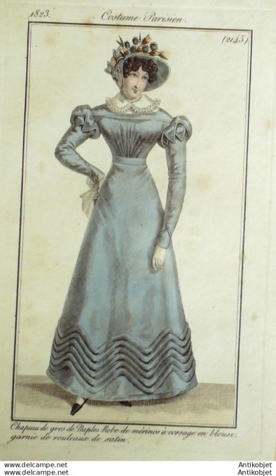 Gravure de mode Costume Parisien 1823 n°2145 Robe mérinos à corsage en blouse