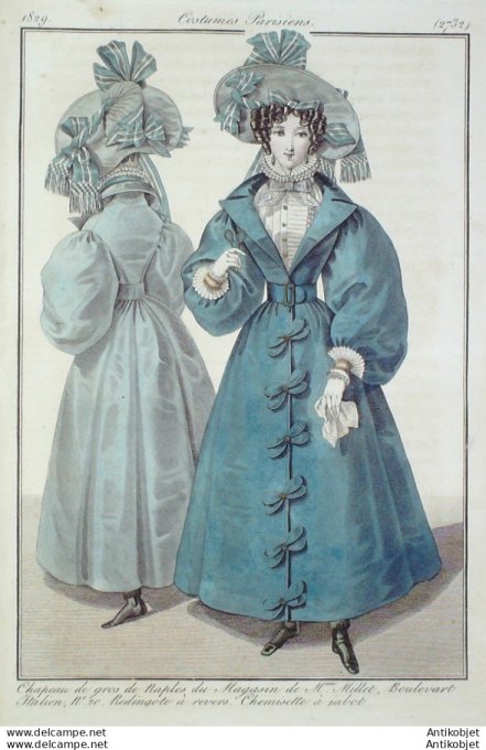 Gravure de mode Costume Parisien 1829 n°2732 Redingote à revers chemisette à sabot