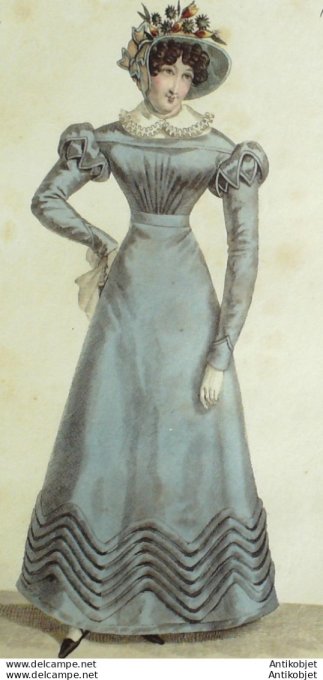 Gravure de mode Costume Parisien 1823 n°2145 Robe mérinos à corsage en blouse