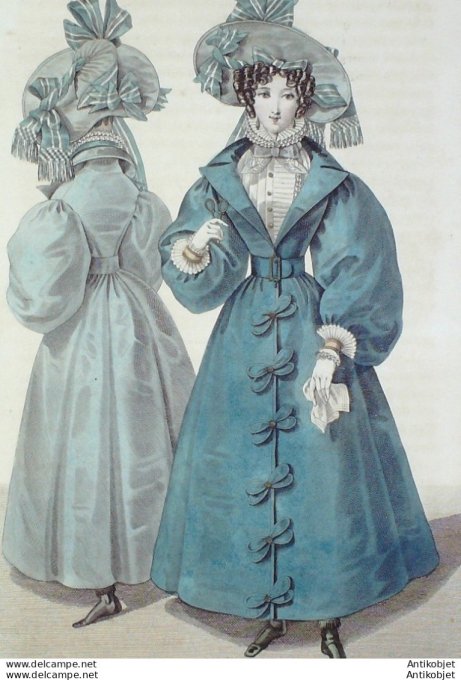 Gravure de mode Costume Parisien 1829 n°2732 Redingote à revers chemisette à sabot