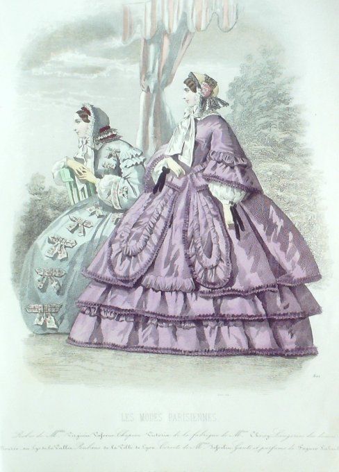 Gravure Les Modes Parisiennes 1858 # 801 Robes de promenade Maison Vasseur