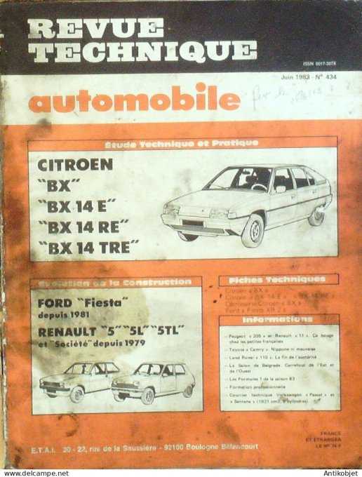 Revue Tech. Automobile 1983 n°434 Citroen BX Ford Fiesta Renault 5 Land Rover 110