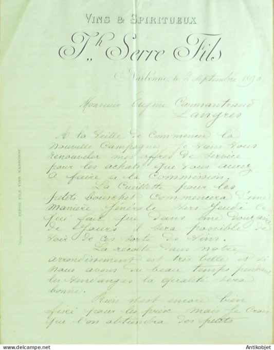 Lettre Ciale Th.Serre fils (Vins spiritueux) 1890 Narbonne (66) 3