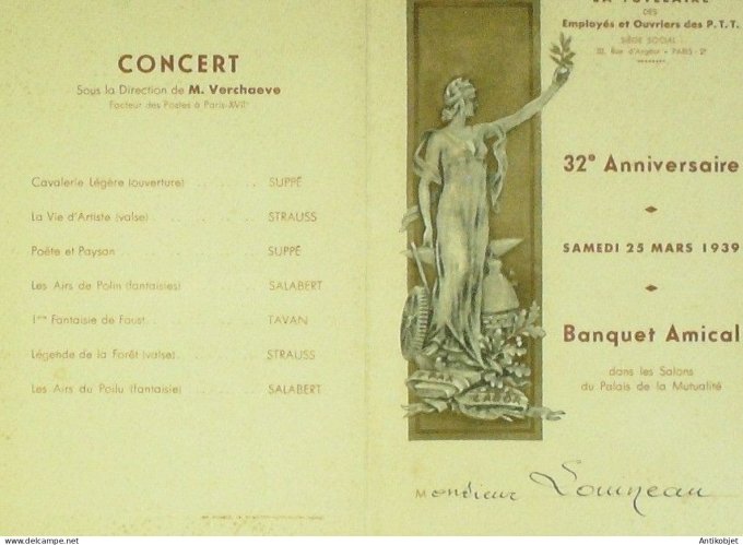 Menu banquet illustre La Tutelaire des P.T.T Salon de Mutualite Paris 1939