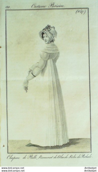 Gravure de mode Costume Parisien 1811 n°1147 Robe perkale